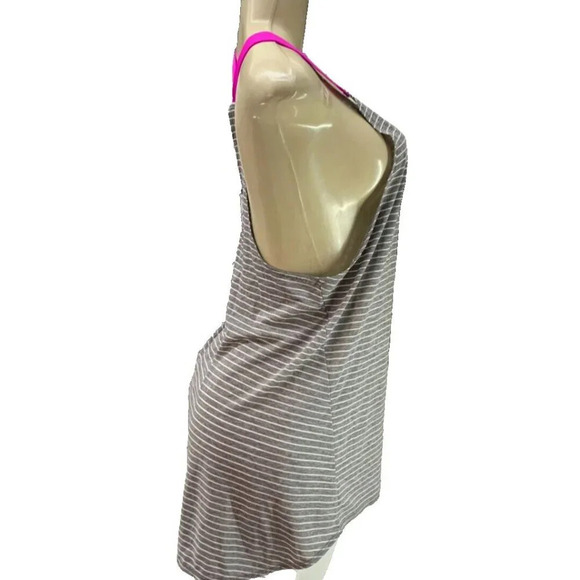 Nike S Gray Striped Logo Neon Pink Straps Curved Hem Scoop Neck Racerback Tank - Picture 3 of 6